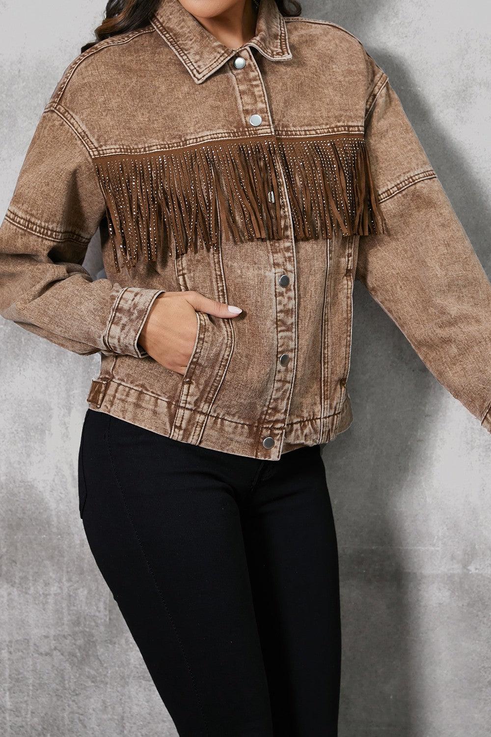 Fringe Trim Snap Down Denim Jacket Carauana Store