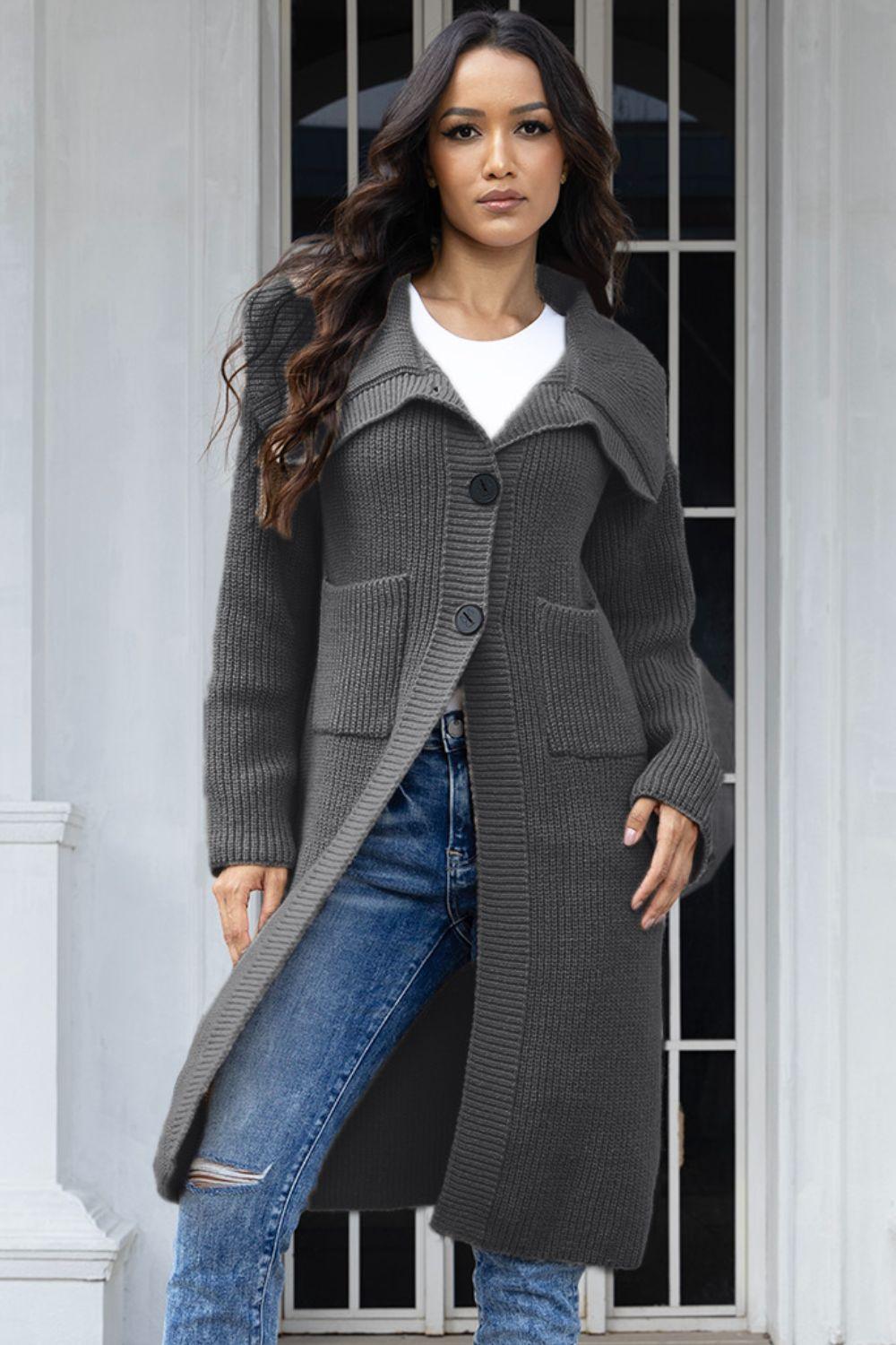 Pocketed Button Up Collared Neck Cardigan Carauana Store