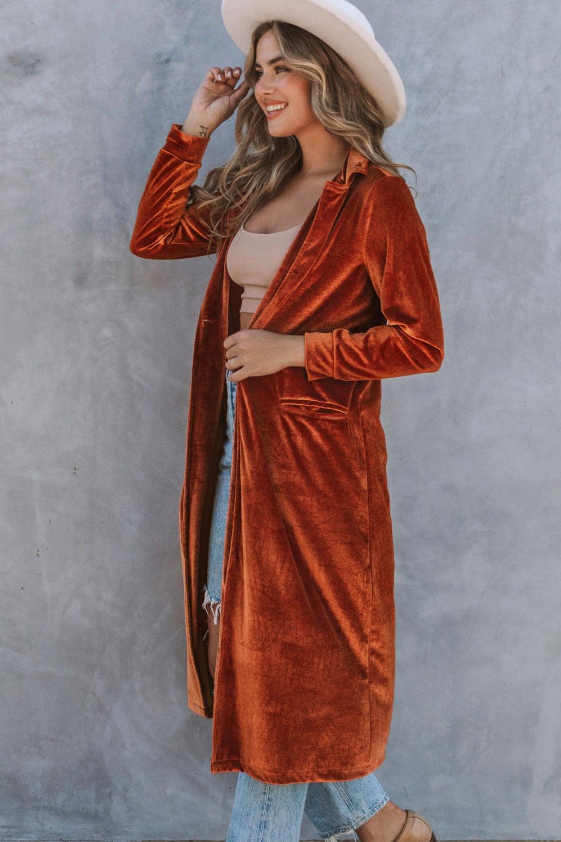 Collared Neck Longline Velvet Cardigan with Pockets Carauana Store