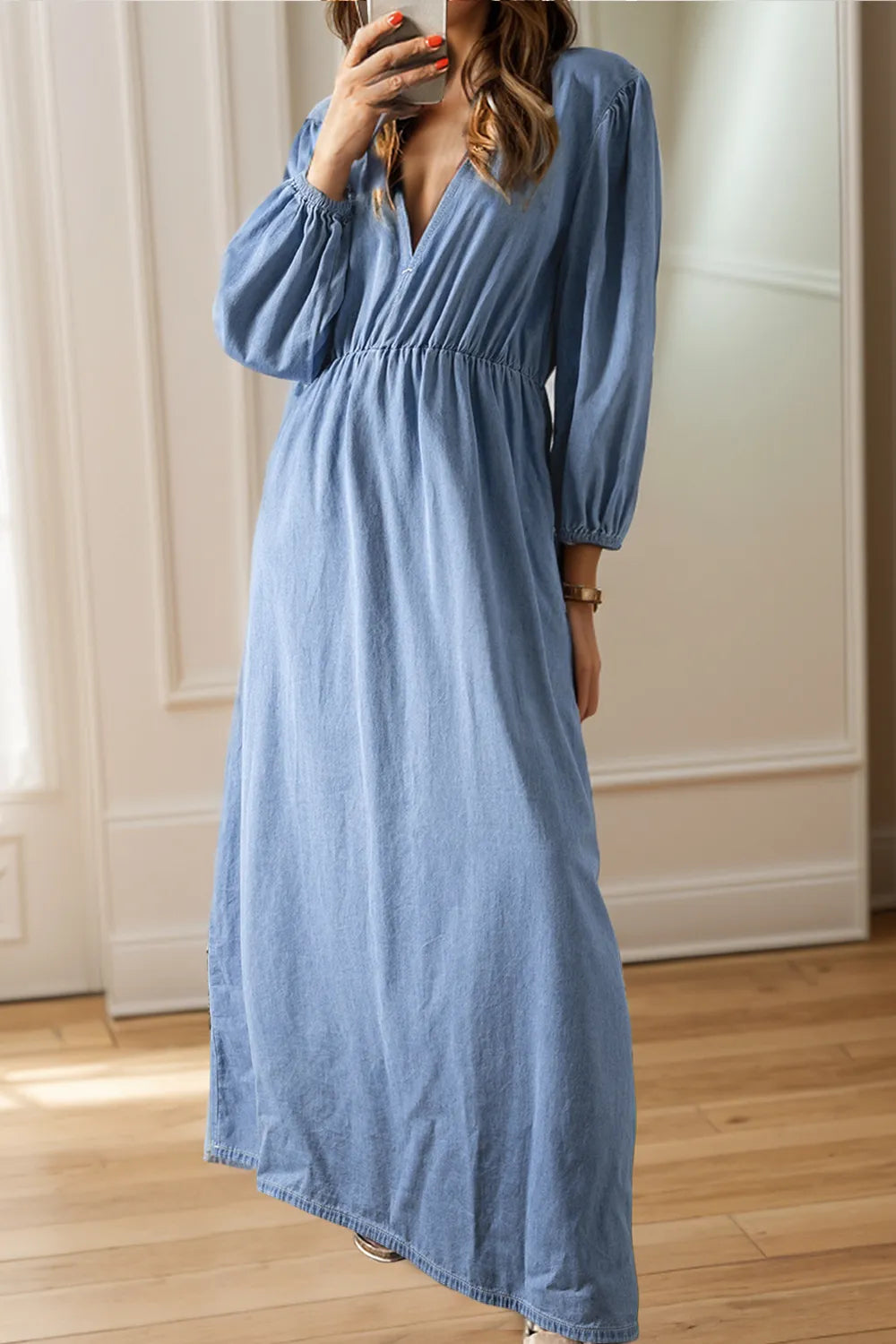 Tied Plunge Three-Quarter Sleeve Denim Dress Carauana Store