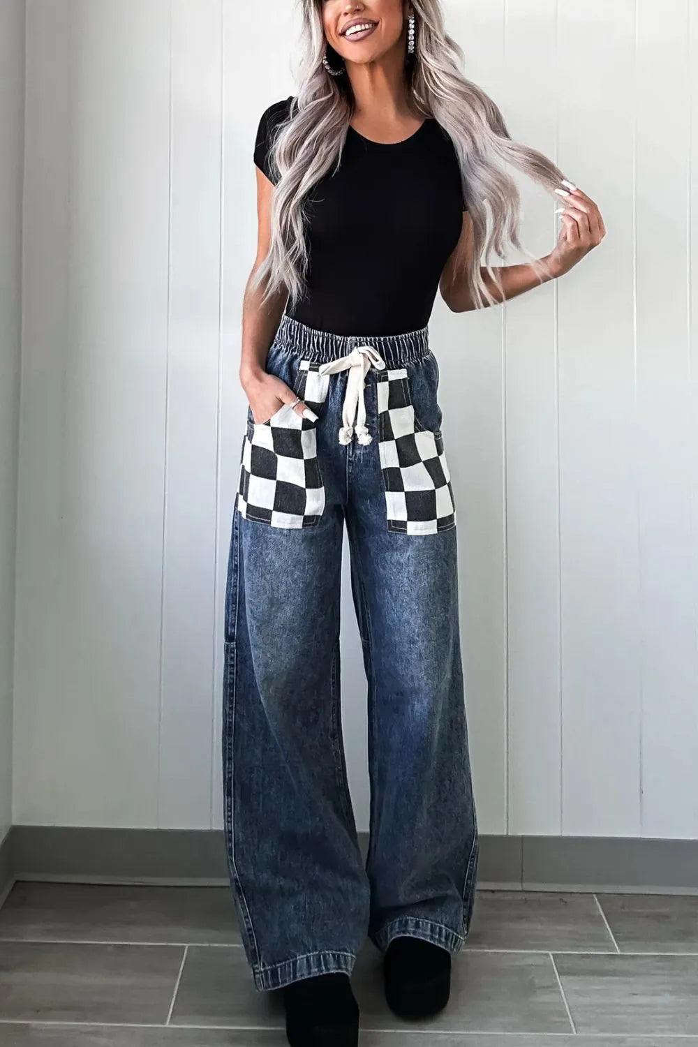 Checkered Wide Leg Jeans Carauana Store