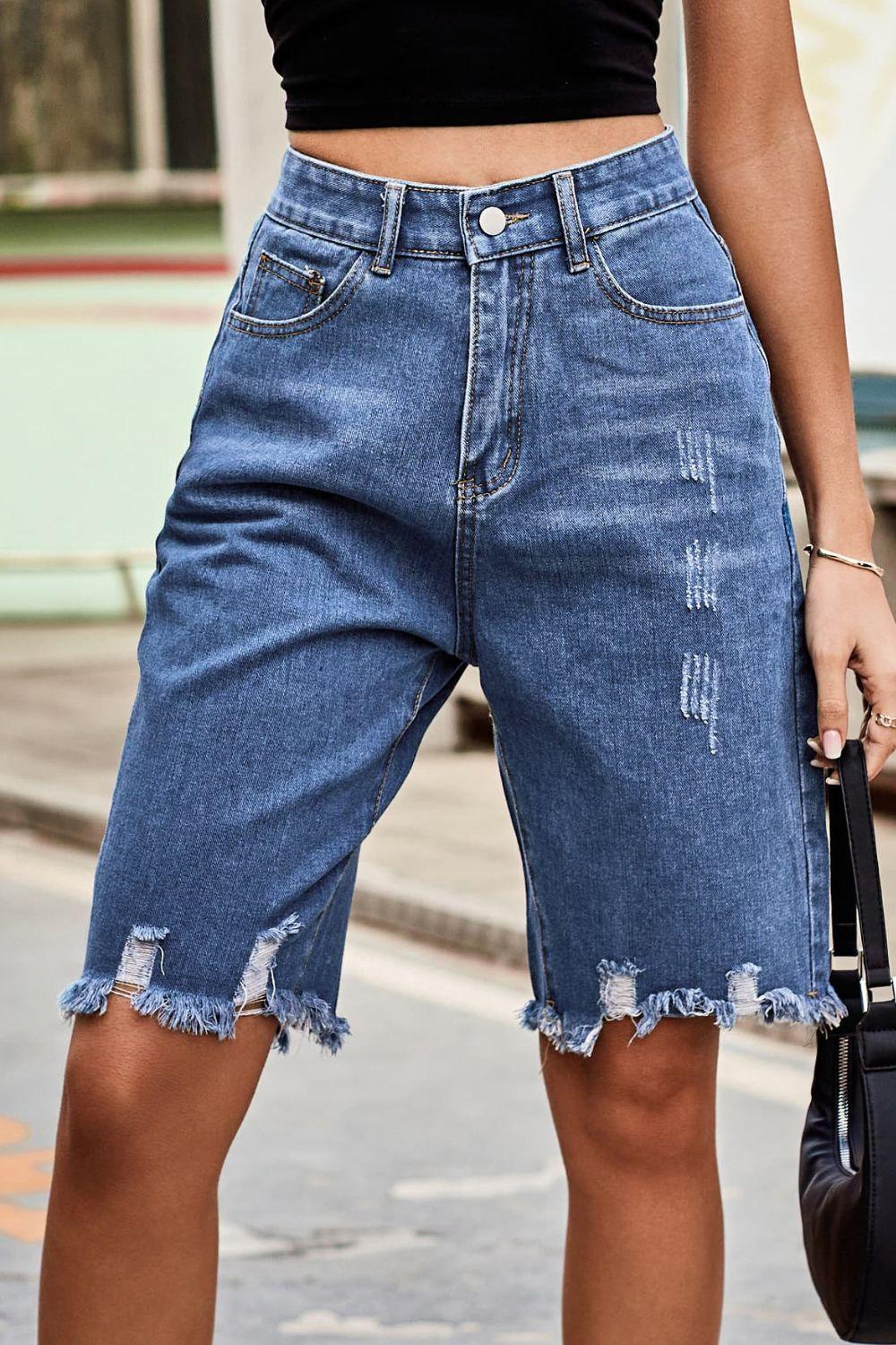 Raw Hem High Waist Denim Shorts with Pockets Carauana Store