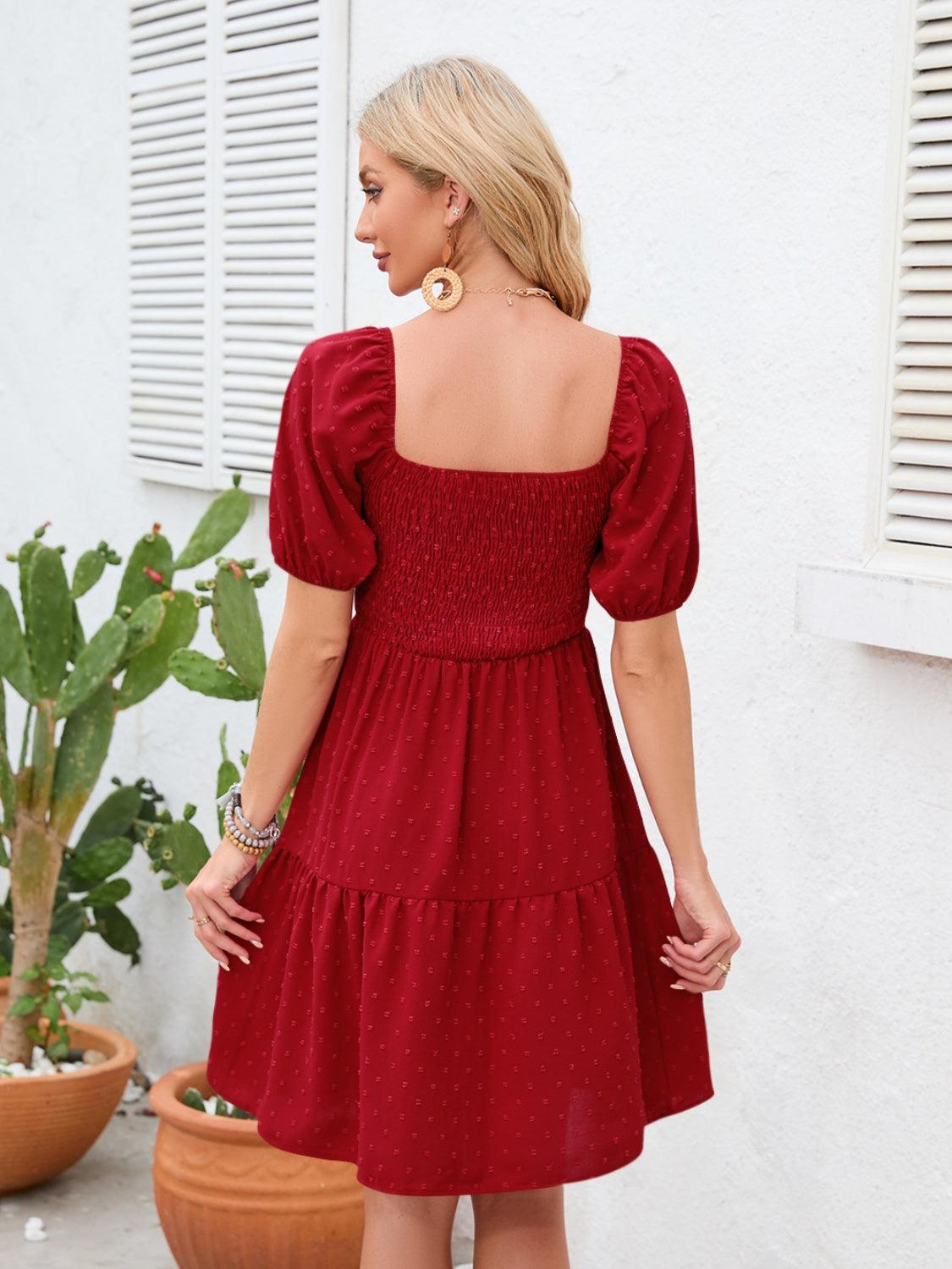 Swiss Dot Smocked Square Neck Dress Carauana Store