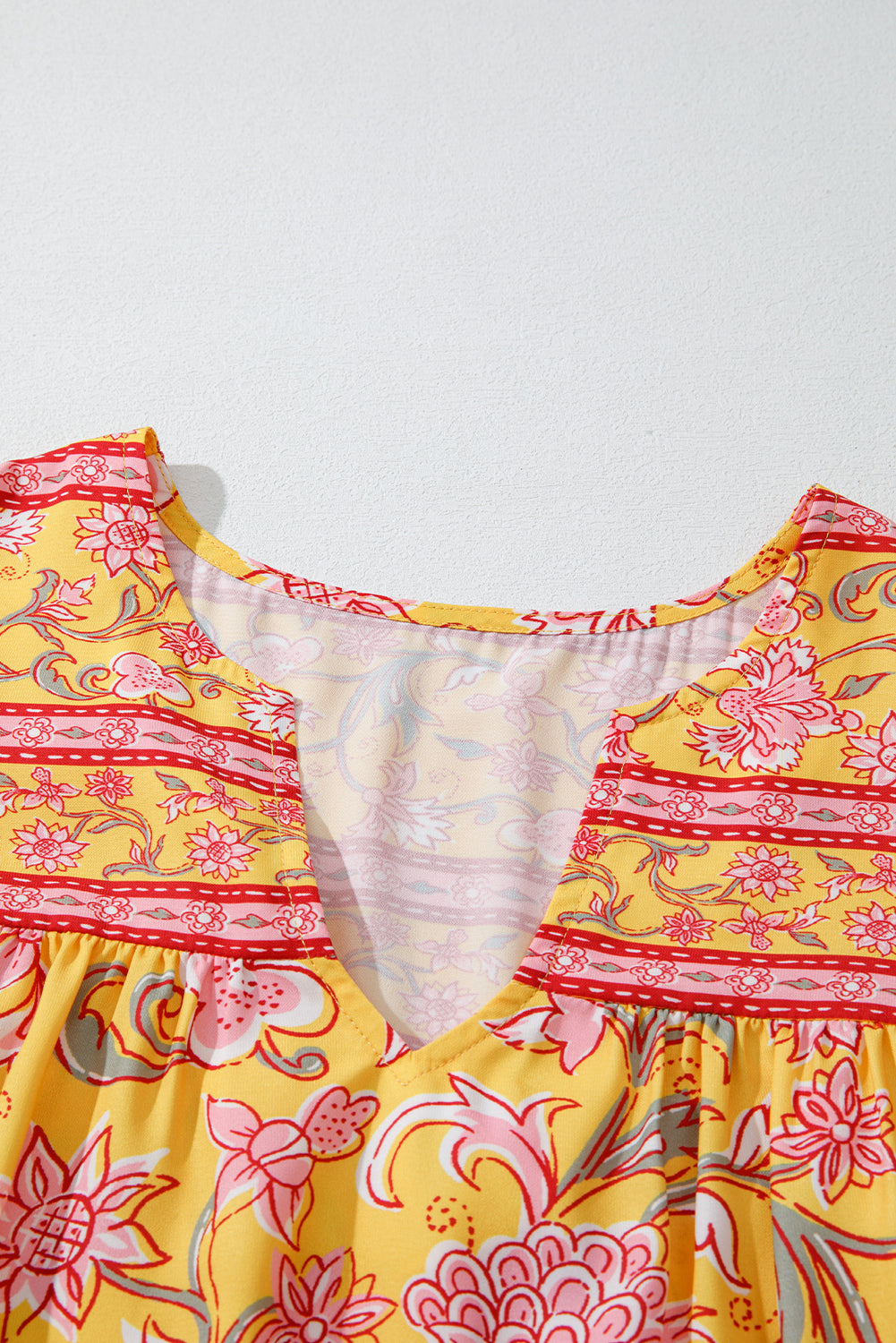 Yellow Floral Notched Neck Ruffled Sleeve Casual Blouse