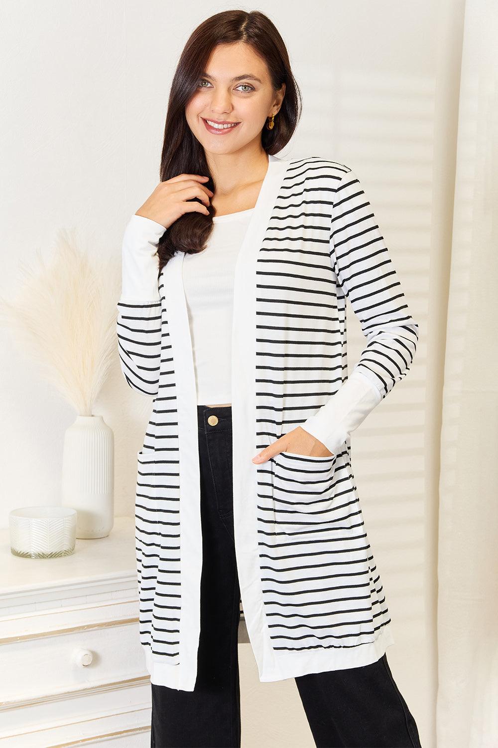 Double Take Striped Open Front Longline Cardigan Carauana Store