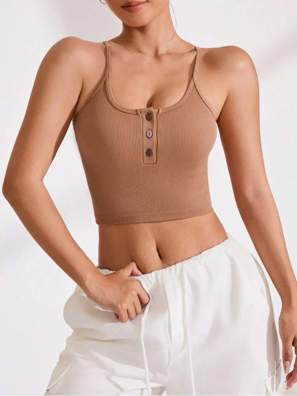 Ribbed Half Button Cropped Active Cami Carauana Store