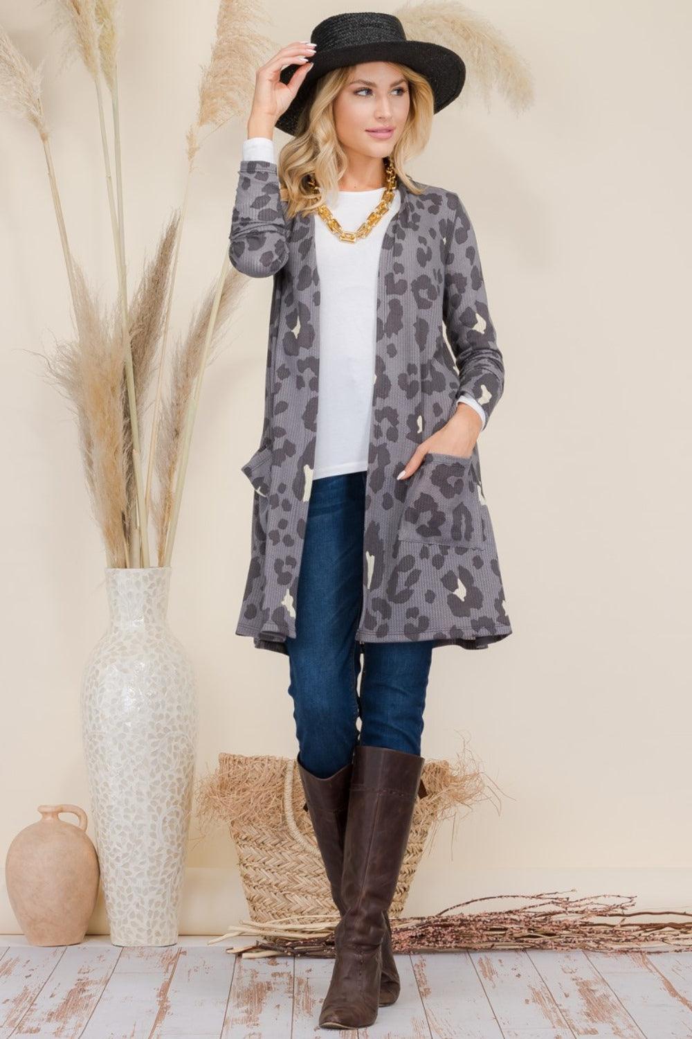 Celeste Full Size Leopard Open Front Contrast Cardigan Carauana Store