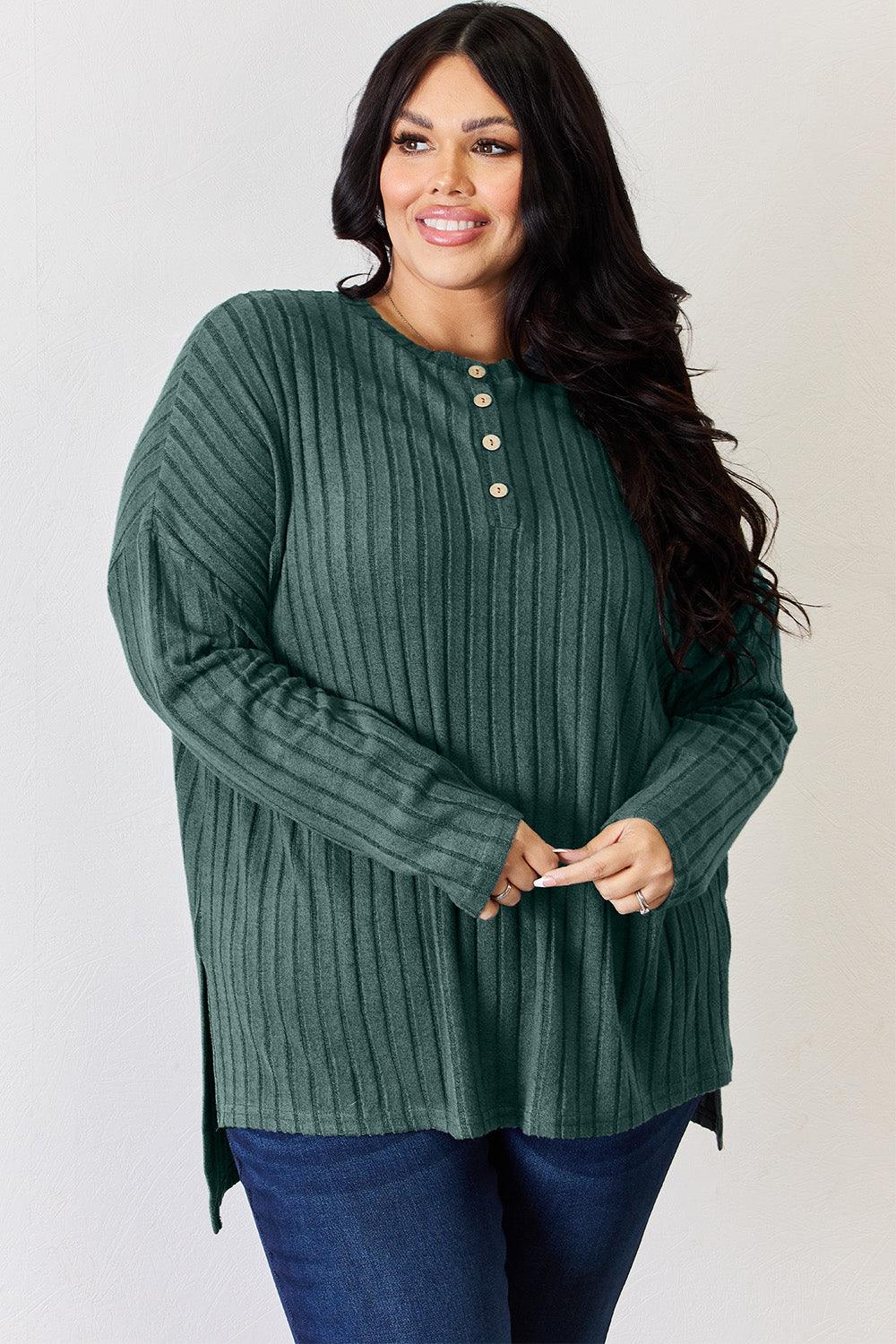 Basic Bae Full Size Ribbed Half Button Long Sleeve High-Low T-Shirt Carauana Store