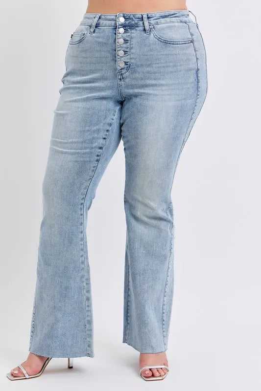 Judy Blue Full Size Mid Rise Rhinestone Side Panel Detail Flare Jeans Plus Size Carauana Store