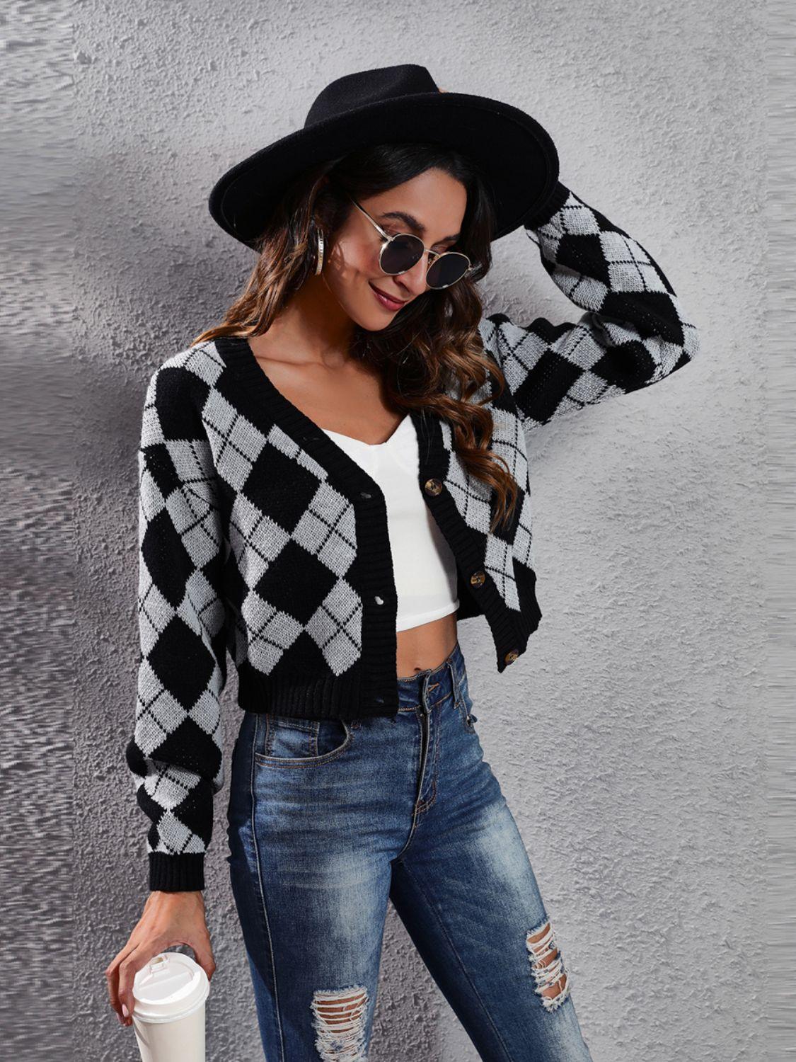 Geometric Button Up Long Sleeve Cardigan Carauana Store