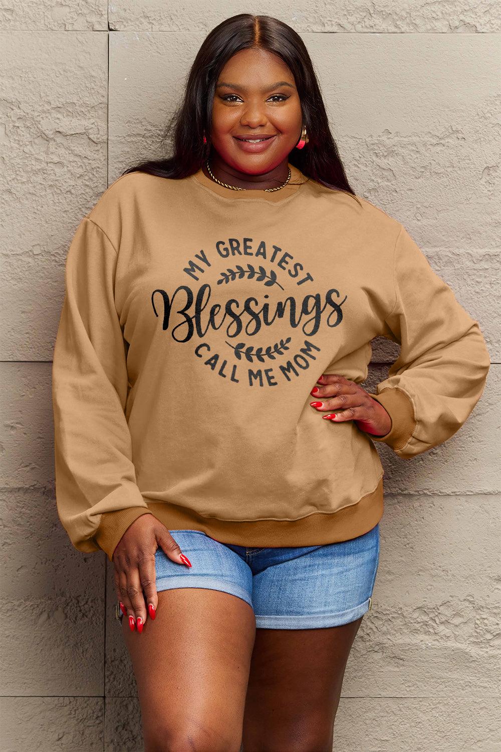 Simply Love Full Size MY GREATEST BLESSINGS CALL ME MOM Round Neck Sweatshirt Carauana Store