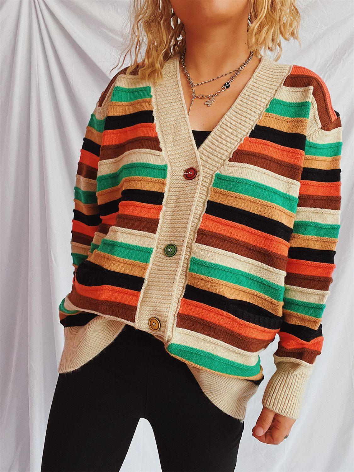 Contrast Stripes Button Up Long Sleeve Cardigan Carauana Store