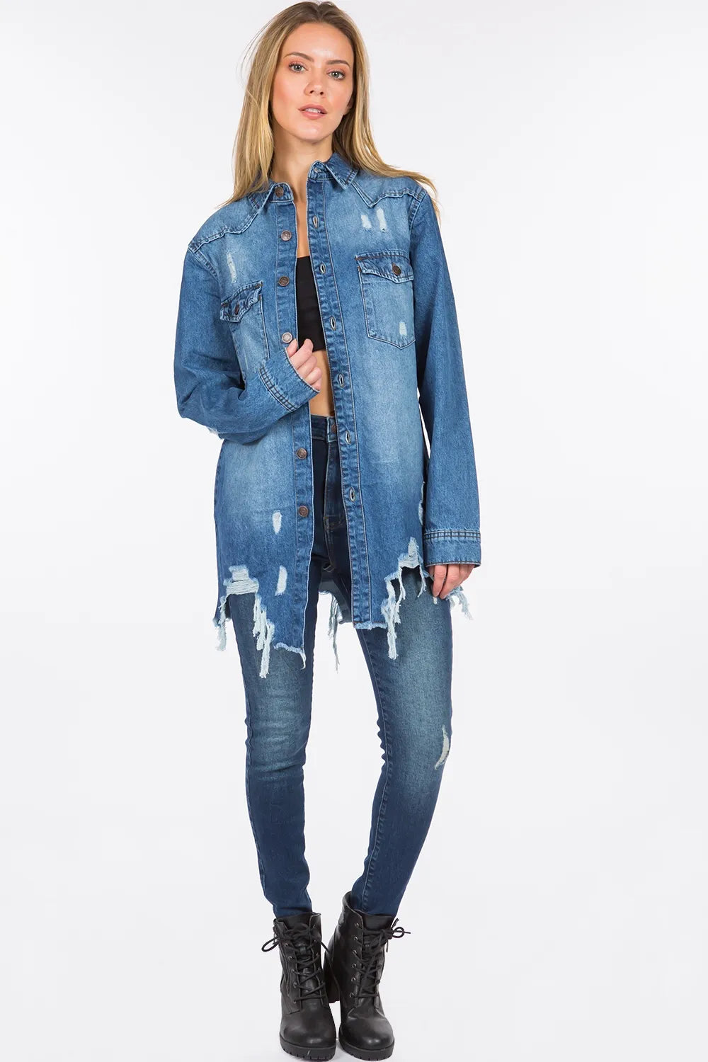 American Bazi Distressed Frayed Hem Denim Jacket Carauana Store