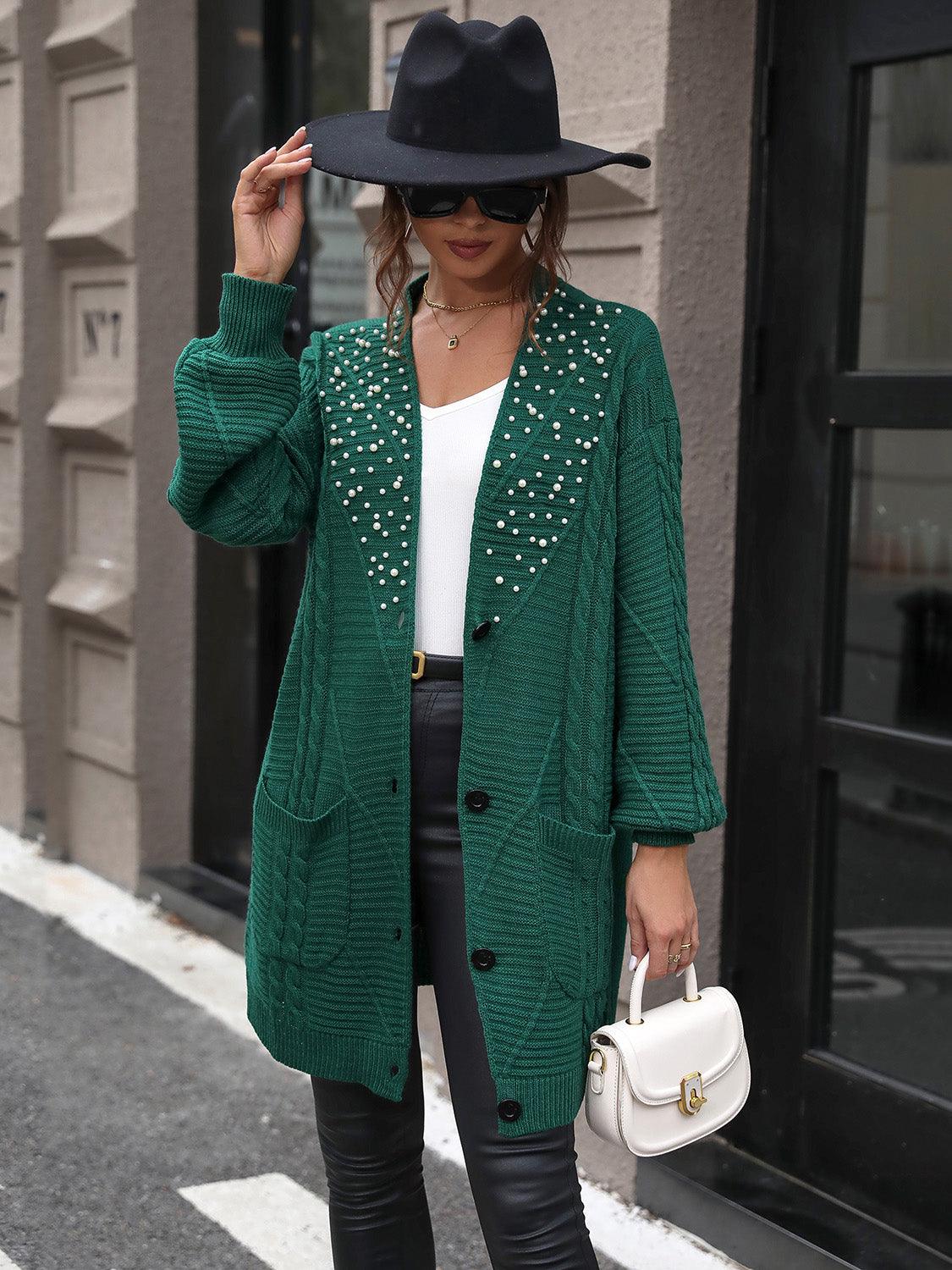 Perfee Pearl Detail Cable-Knit Button Up Cardigan Carauana Store