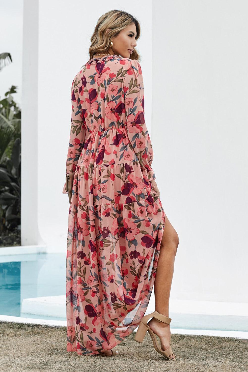 Floral Frill Trim Flounce Sleeve Plunge Maxi Dress Carauana Store
