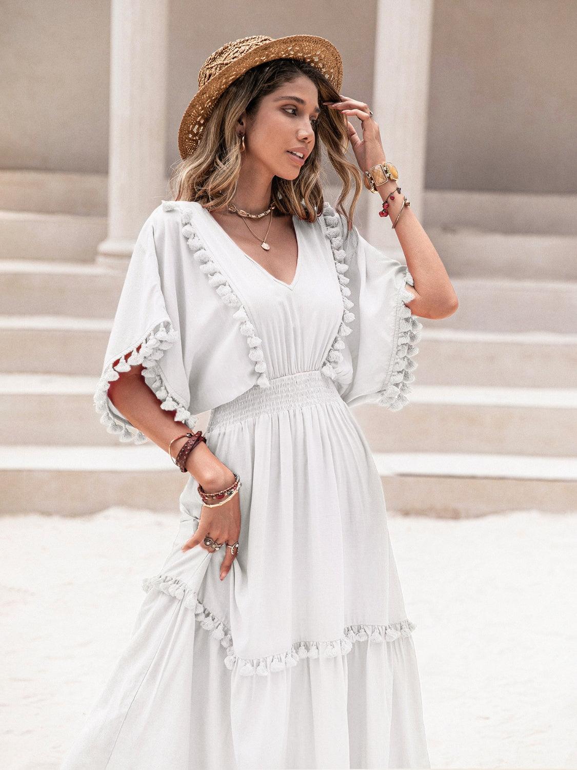Tassel Trim Smocked V-Neck Short Sleeve Dress Carauana Store