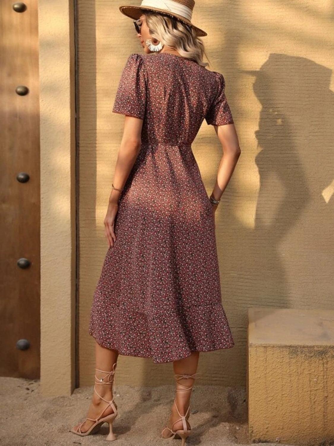 Ruffled Surplice Short Sleeve Midi Dress Carauana Store