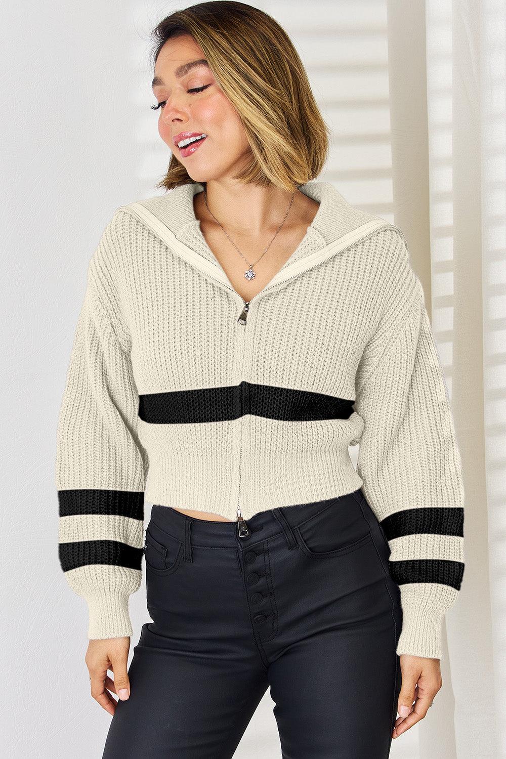 Striped Zip Up Dropped Shoulder Cardigan Carauana Store