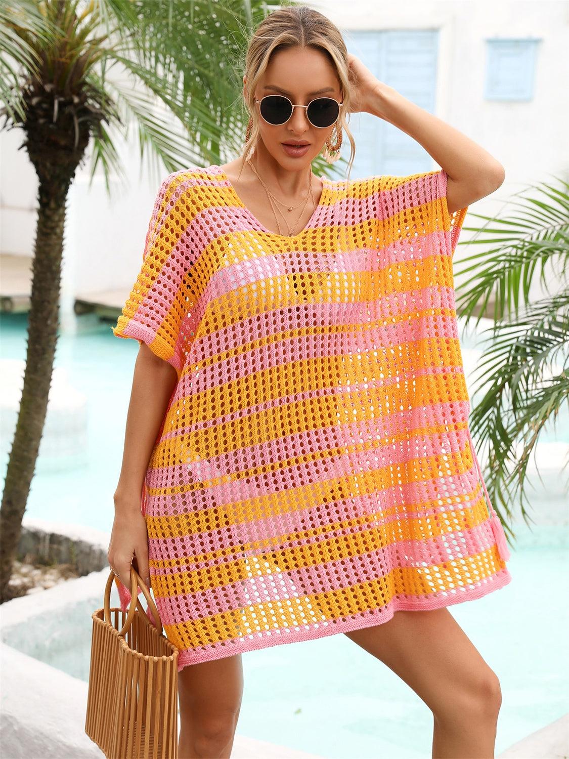 Tassel Openwork Striped V-Neck Cover Up Carauana Store