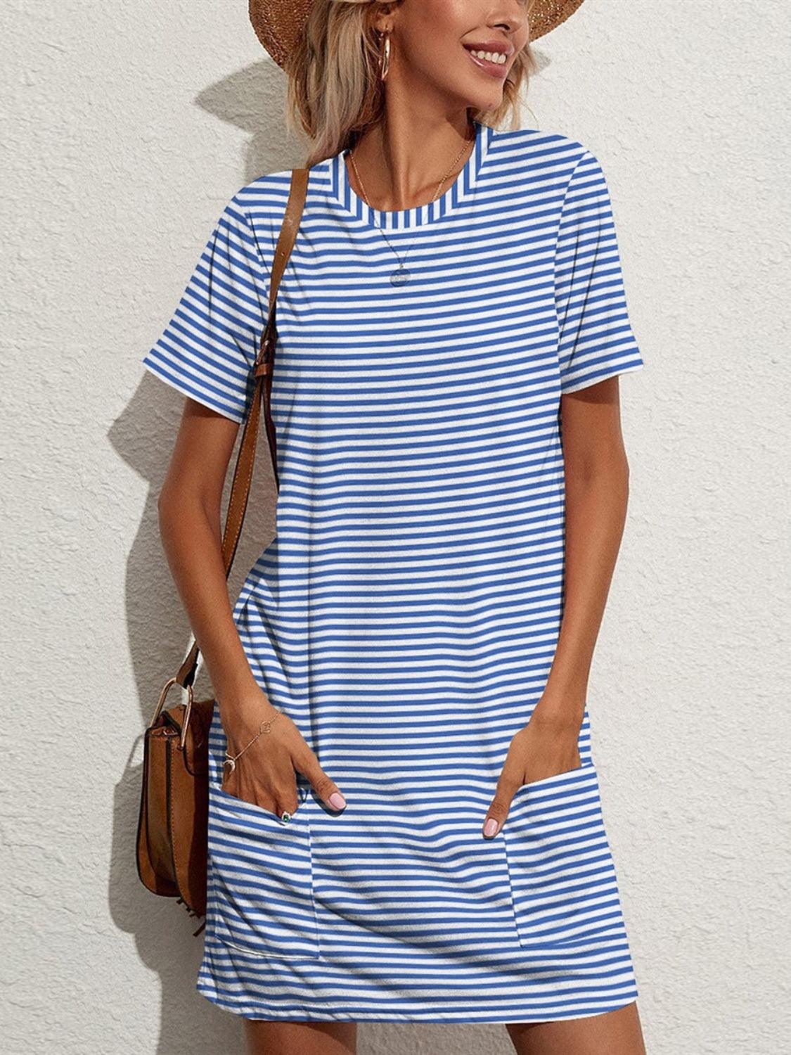 Pocketed Striped Round Neck Short Sleeve Dress Carauana Store