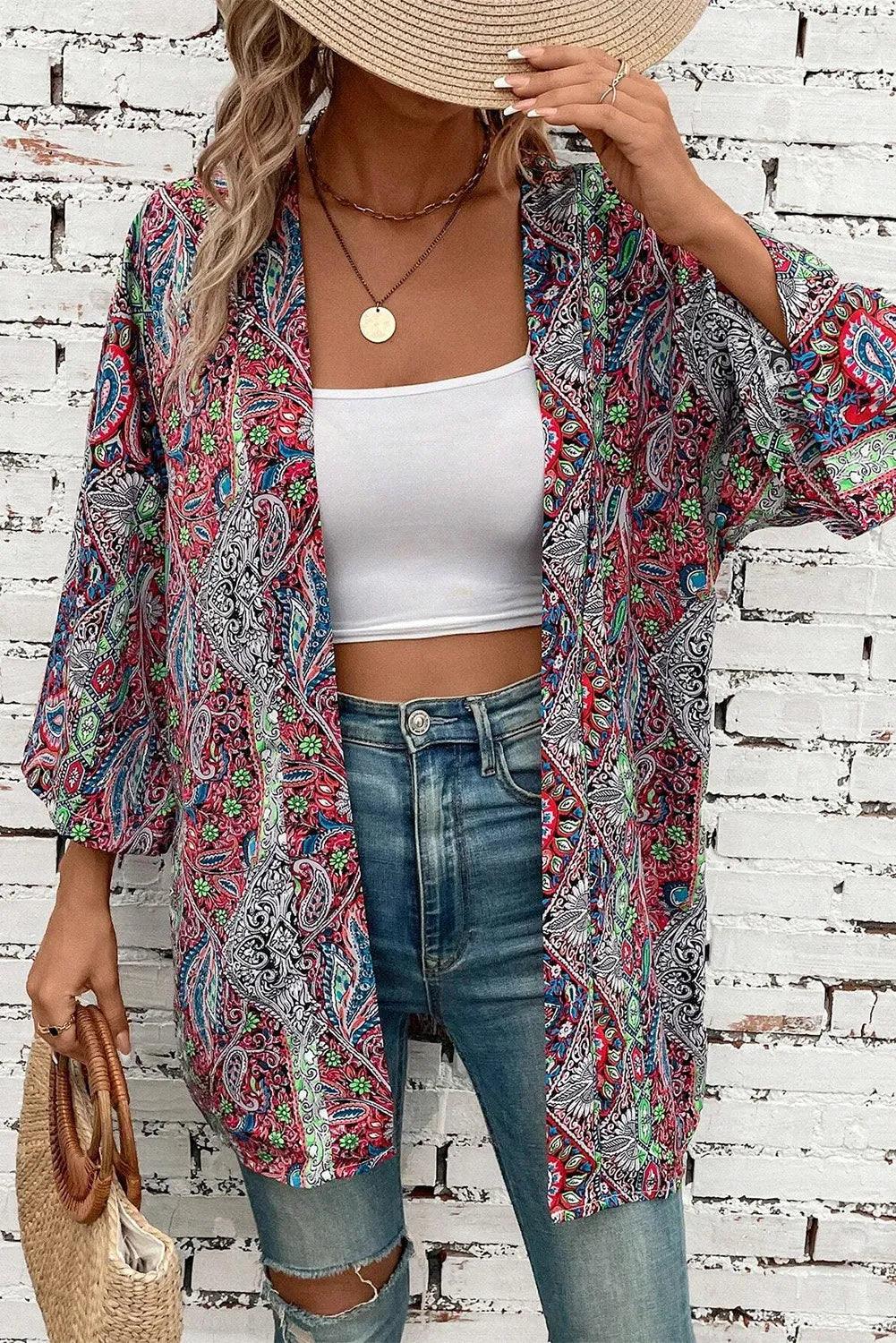 Printed Open Front Long Sleeve Cover Up Carauana Store