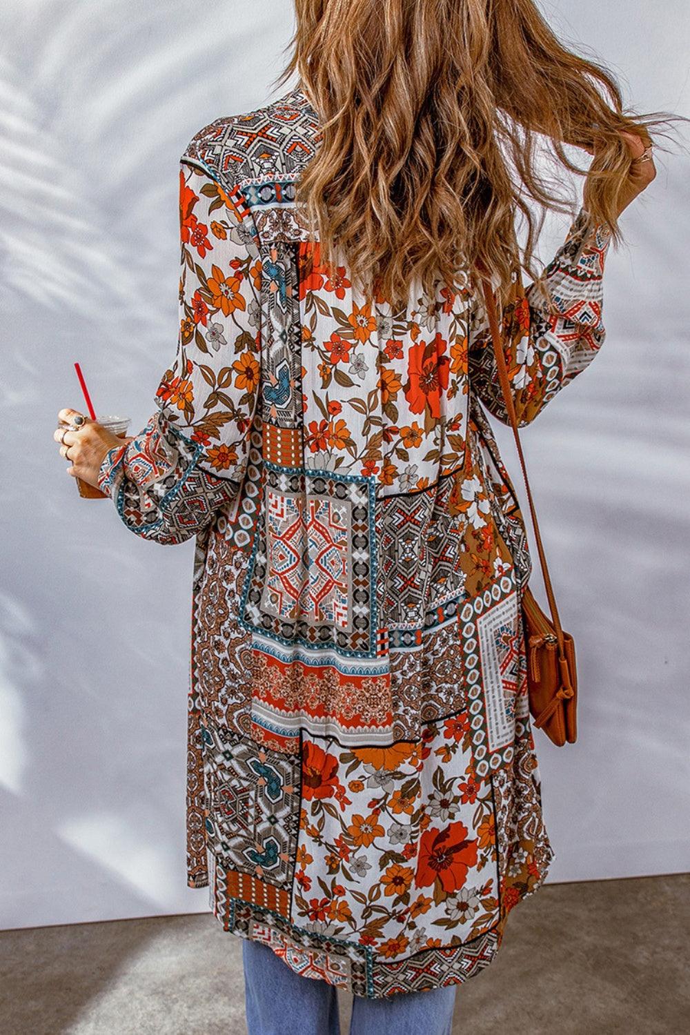 Printed Button Up Long Sleeve Cardigan Carauana Store