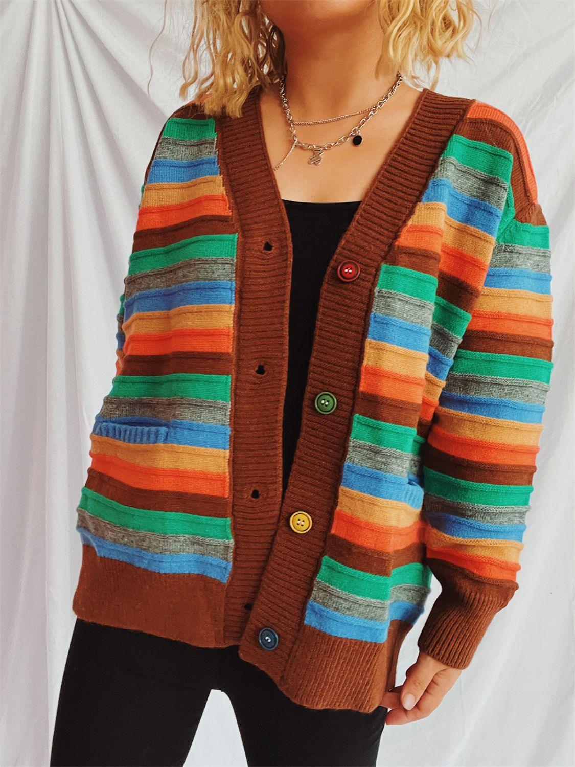 Contrast Stripes Button Up Long Sleeve Cardigan Carauana Store