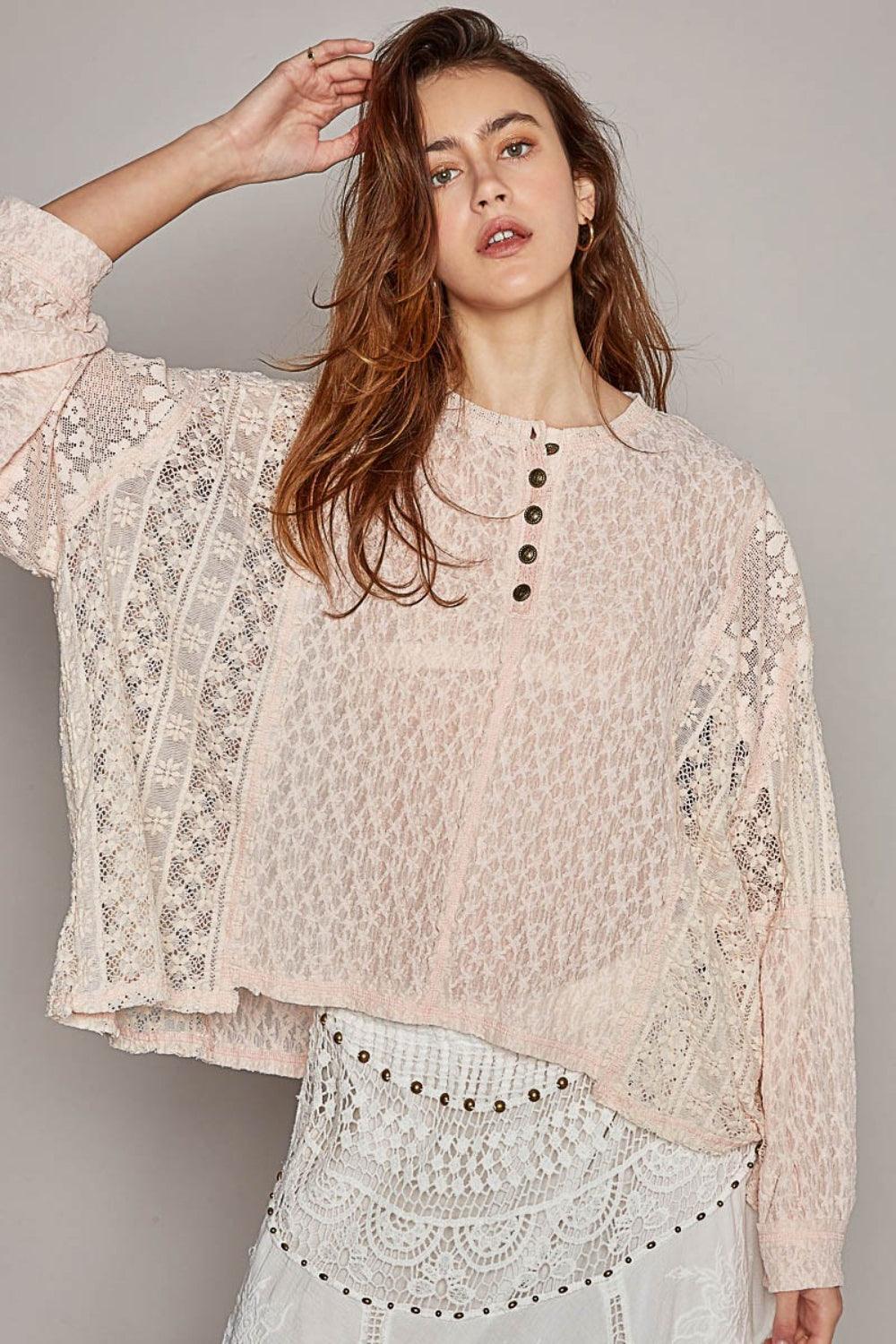 POL Round Neck Long Sleeve Raw Edge Lace Top Carauana Store