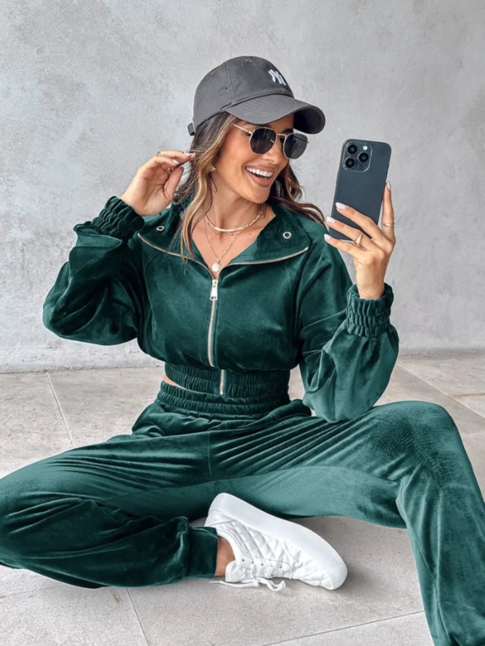Zip Up Long Sleeve Cropped Top and Joggers Set Carauana Store