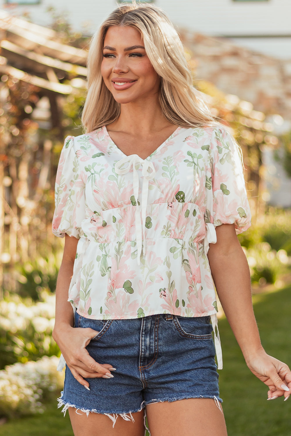 Pink Floral Puff Sleeve V Neck Tied Front Peplum Blouse