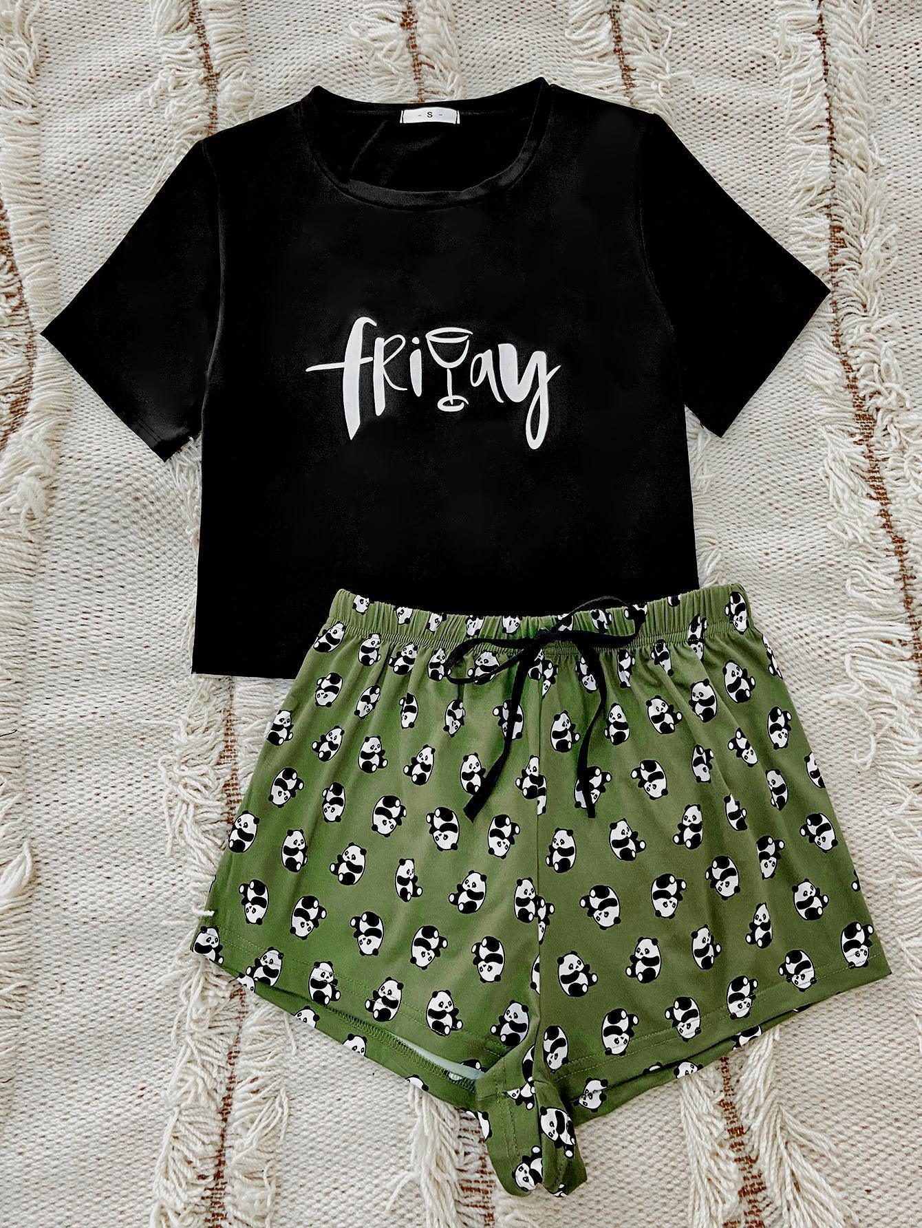 Graphic Tee and Panda Print Shorts Lounge Set Carauana Store