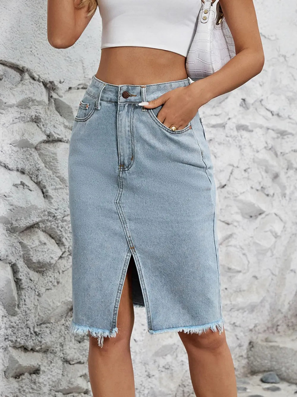 Raw Hem Slit Denim Skirt Carauana Store