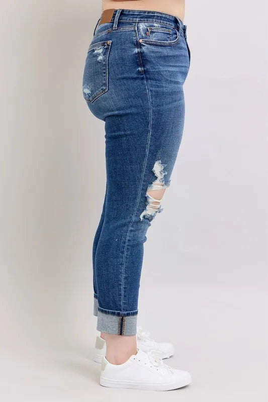 Judy Blue Full Size Mid Rise Boyfriend destroy Jeans with Yoke Pockets and Faux Selvedge Cuff Plus Size Carauana Store