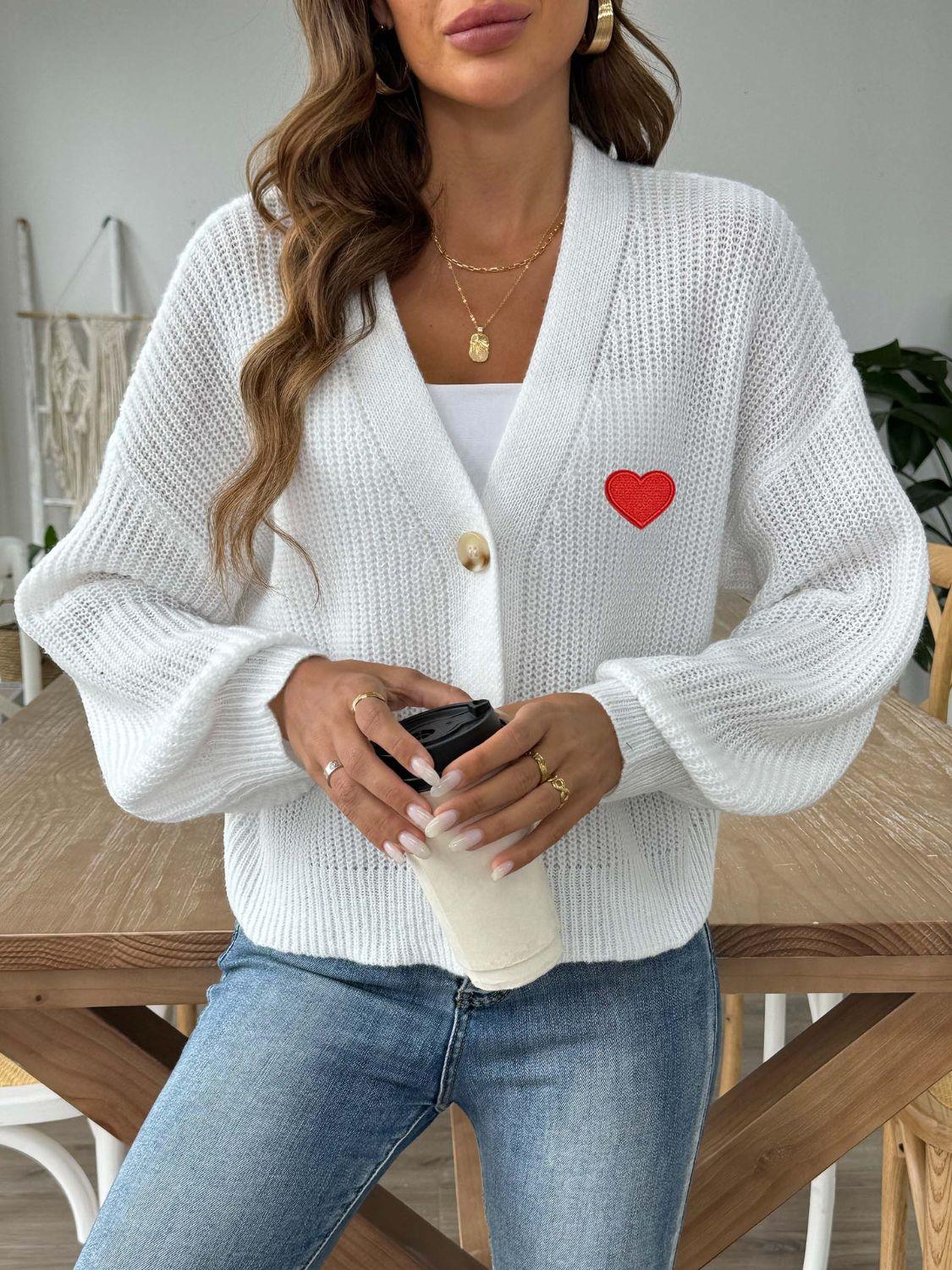 Heart Button Down V-Neck Long Sleeve Cardigan Carauana Store
