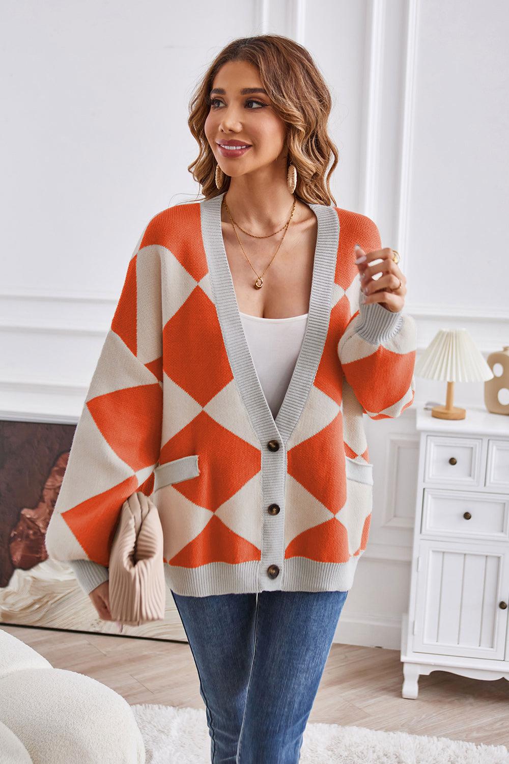 Geometric Lantern Sleeve Cardigan with Pockets Carauana Store
