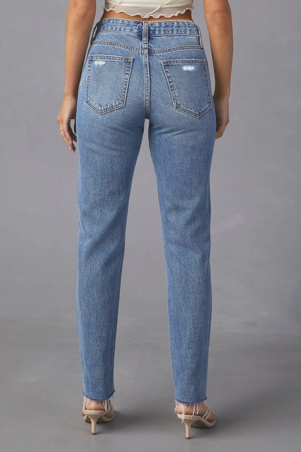 Distressed Raw Hem Straight Jeans with Pockets Carauana Store