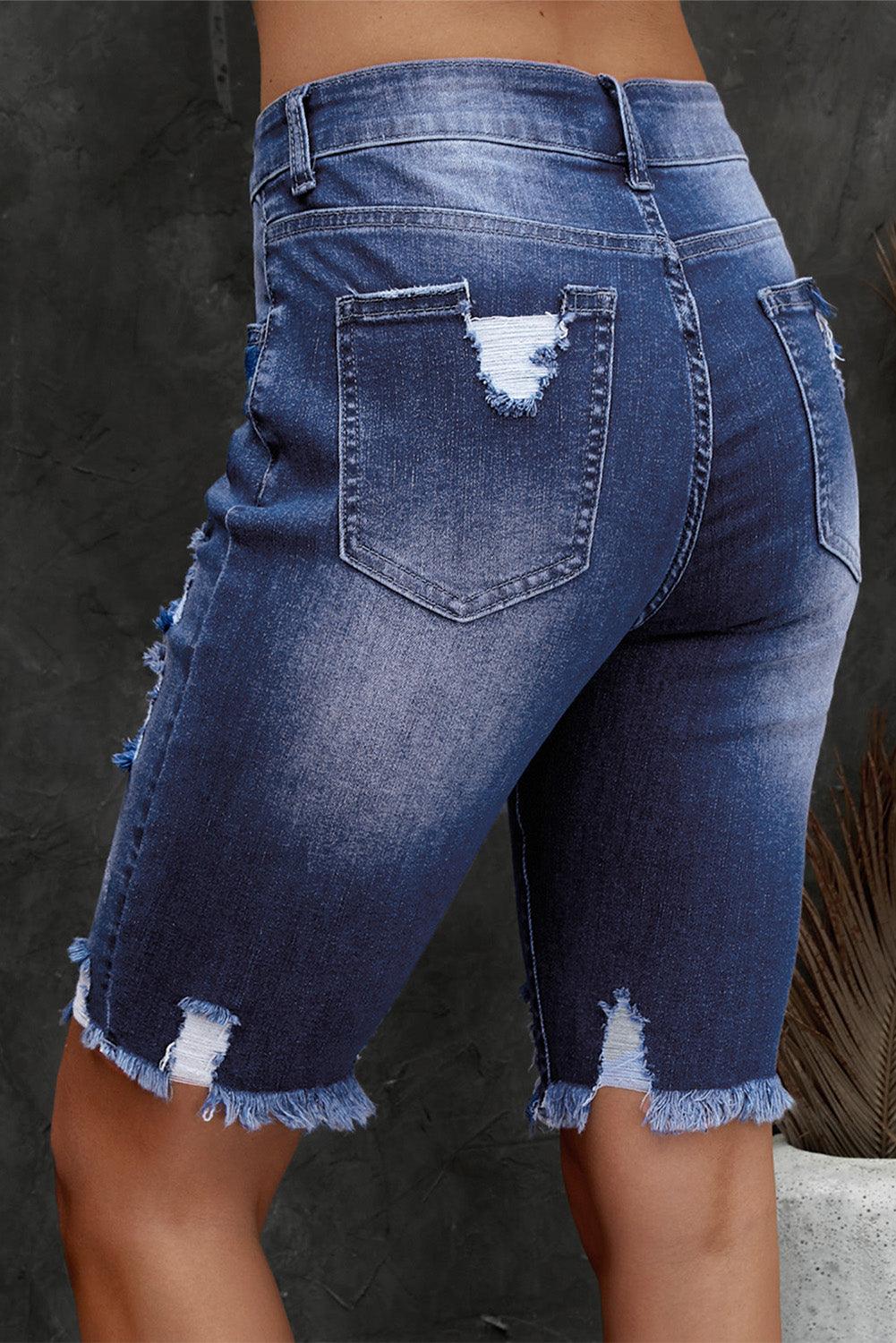 Distressed Frayed Hem Denim Bermuda Shorts Carauana Store