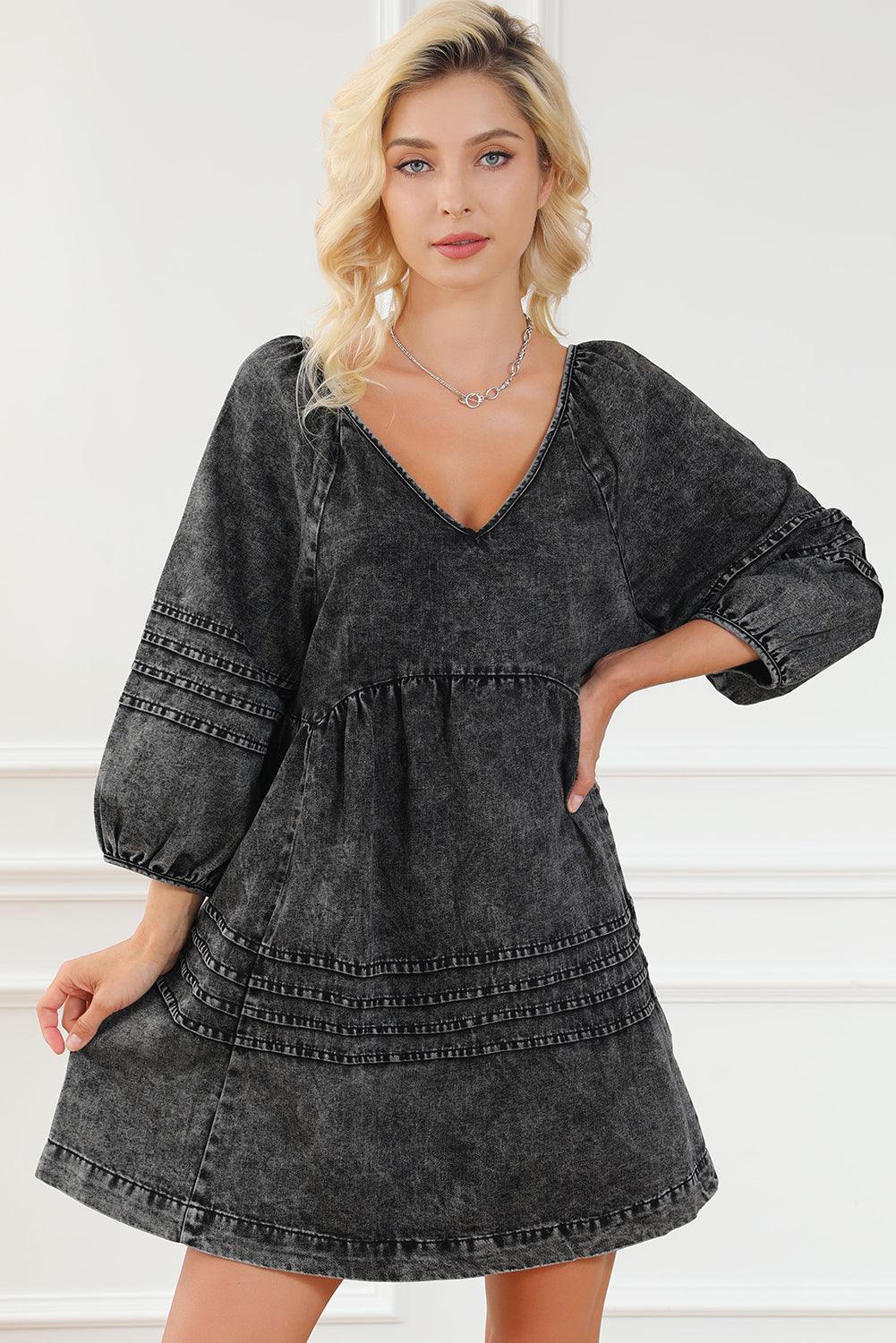 V-Neck Tie Back Mini Denim Dress Carauana Store