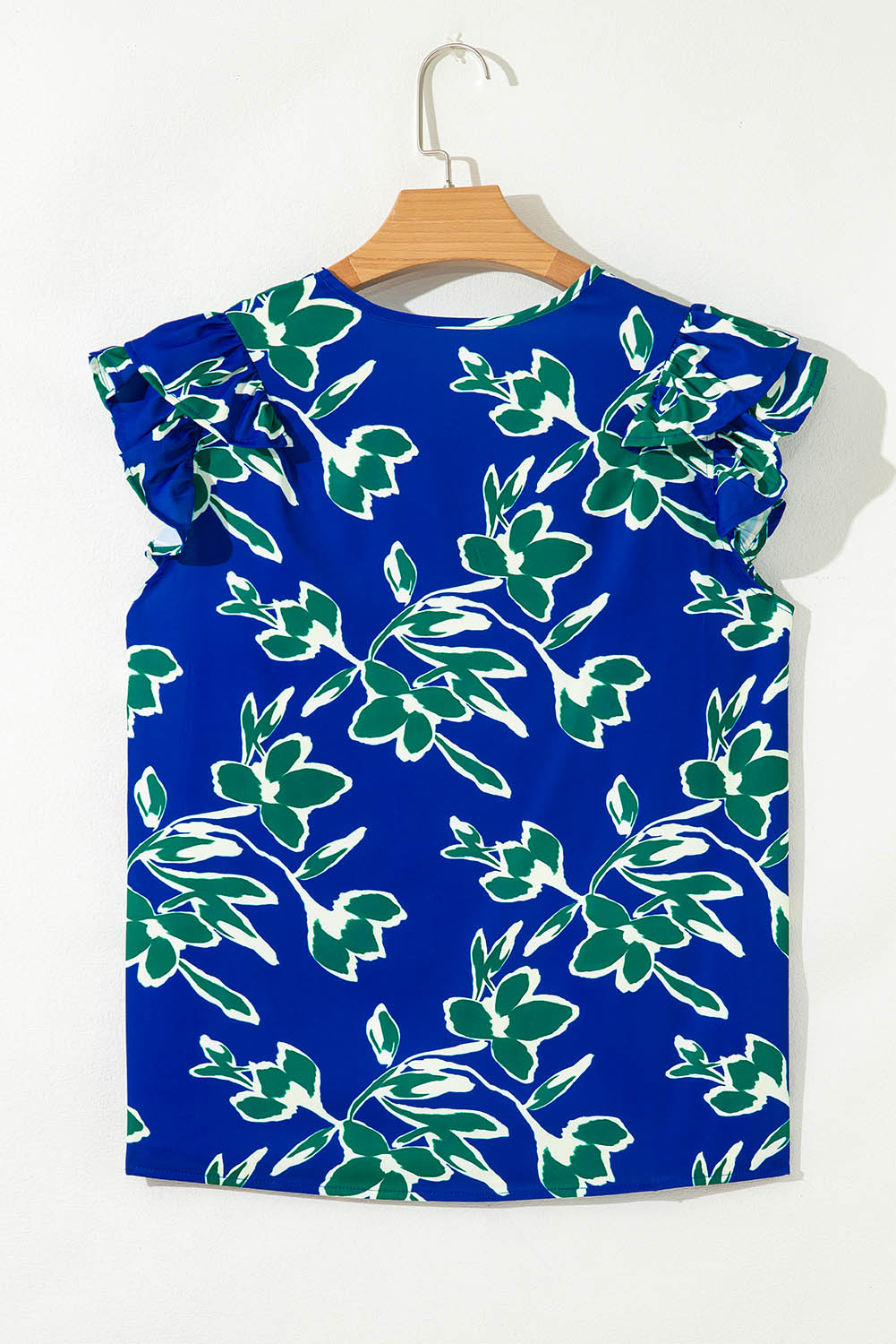 Blue V Neck Floral Print Double Ruffled Short Sleeve Blouse