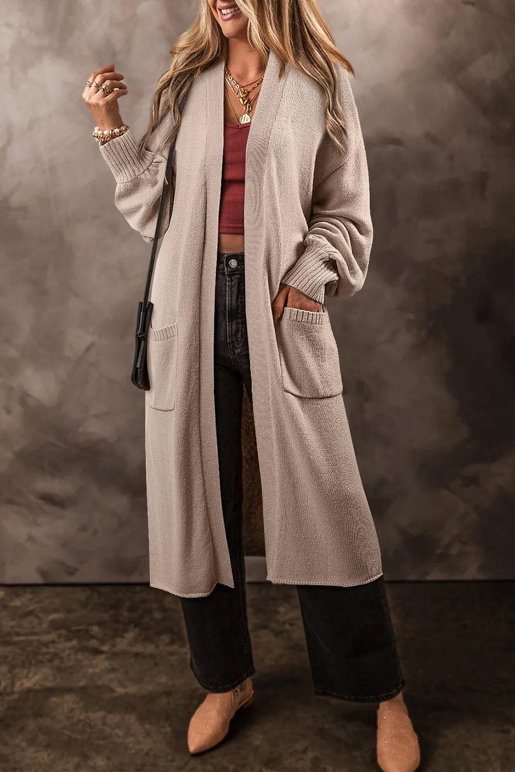 Pocketed Open Front Long Sleeve Cardigan Carauana Store