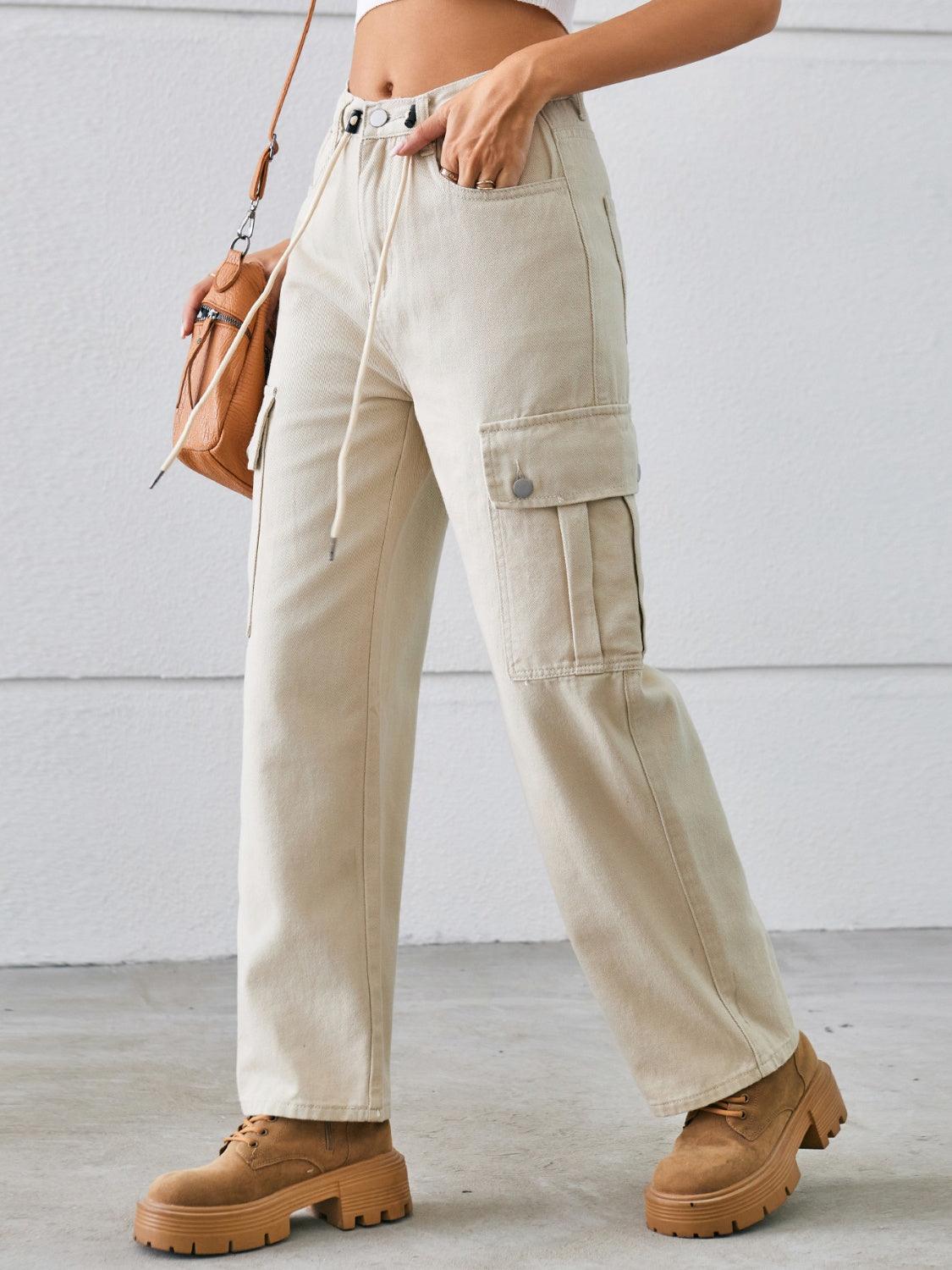Drawstring Mid-Rise Waist Straight Cargo Jeans Carauana Store