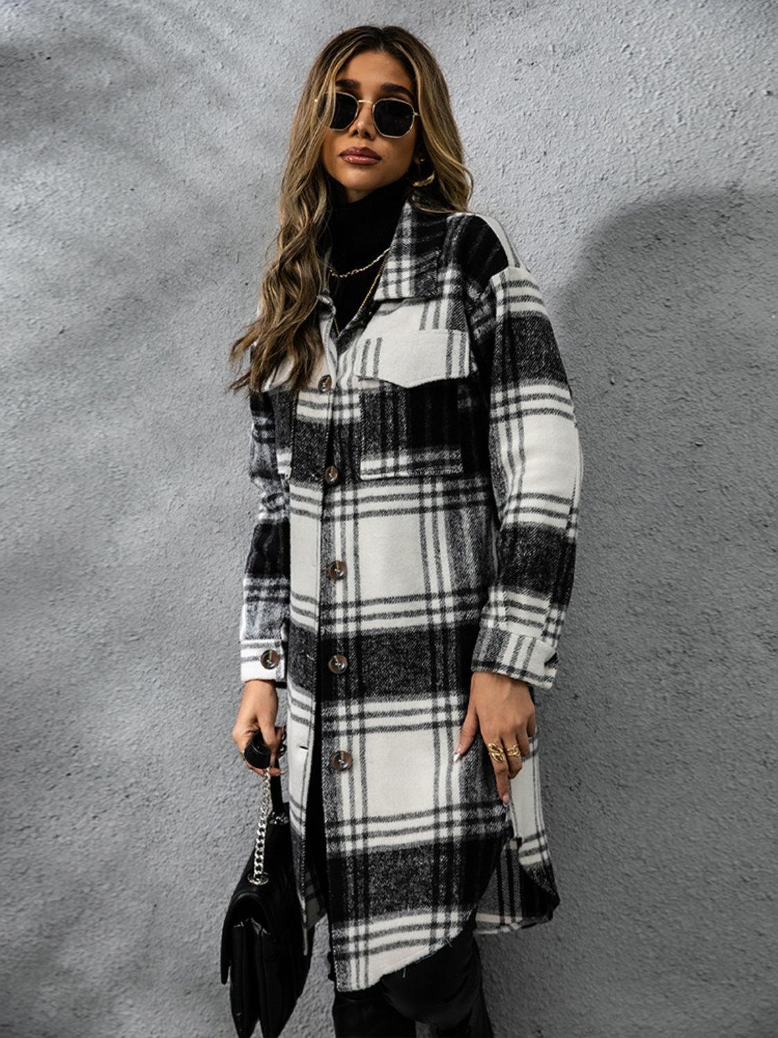 Plaid Collared Neck Long Sleeve Coat Carauana Store
