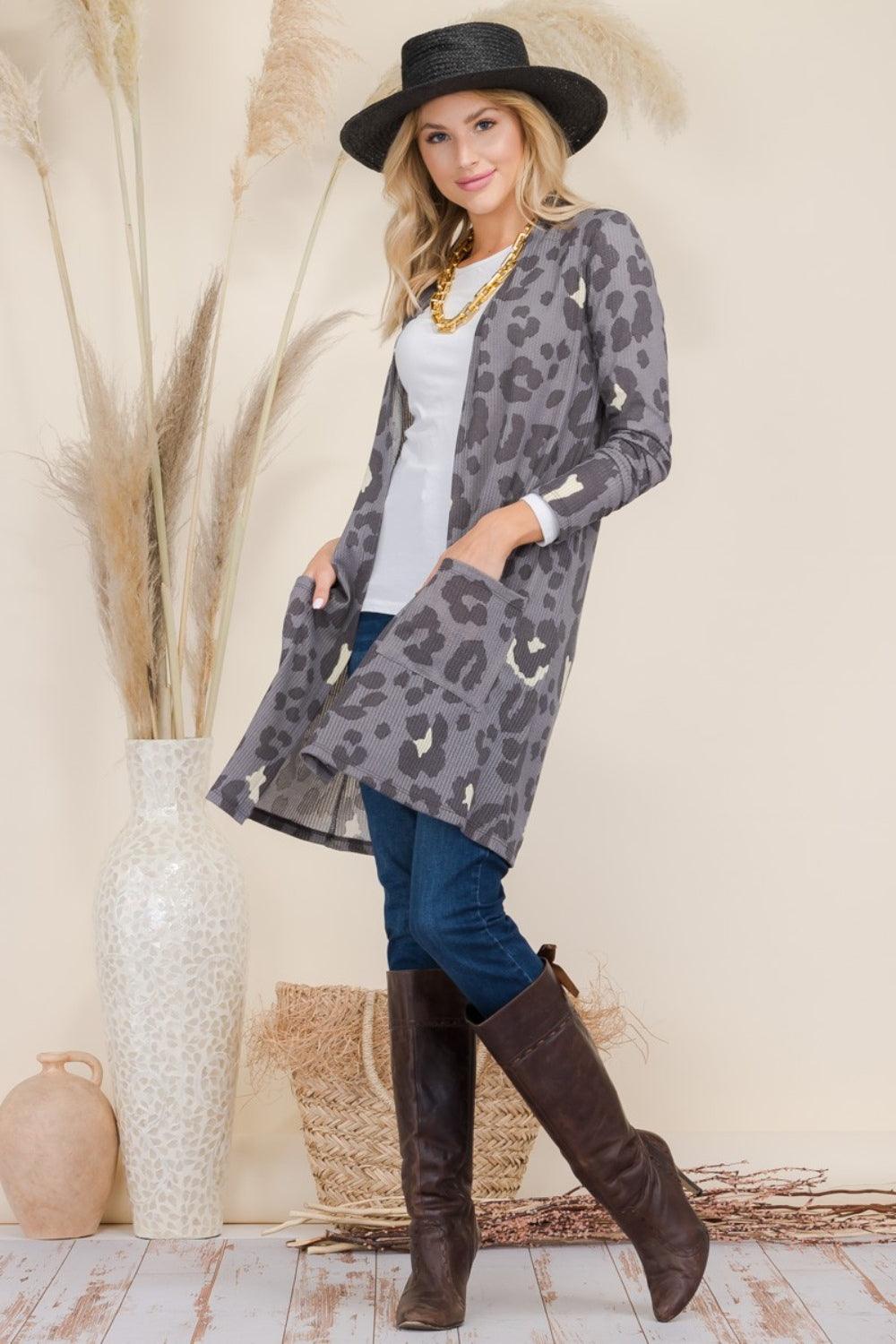 Celeste Full Size Leopard Open Front Contrast Cardigan Carauana Store