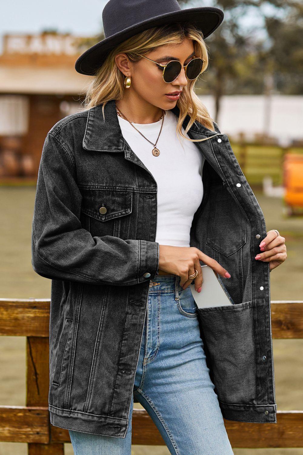 Buttoned Collared Neck Denim Jacket with Pockets Carauana Store