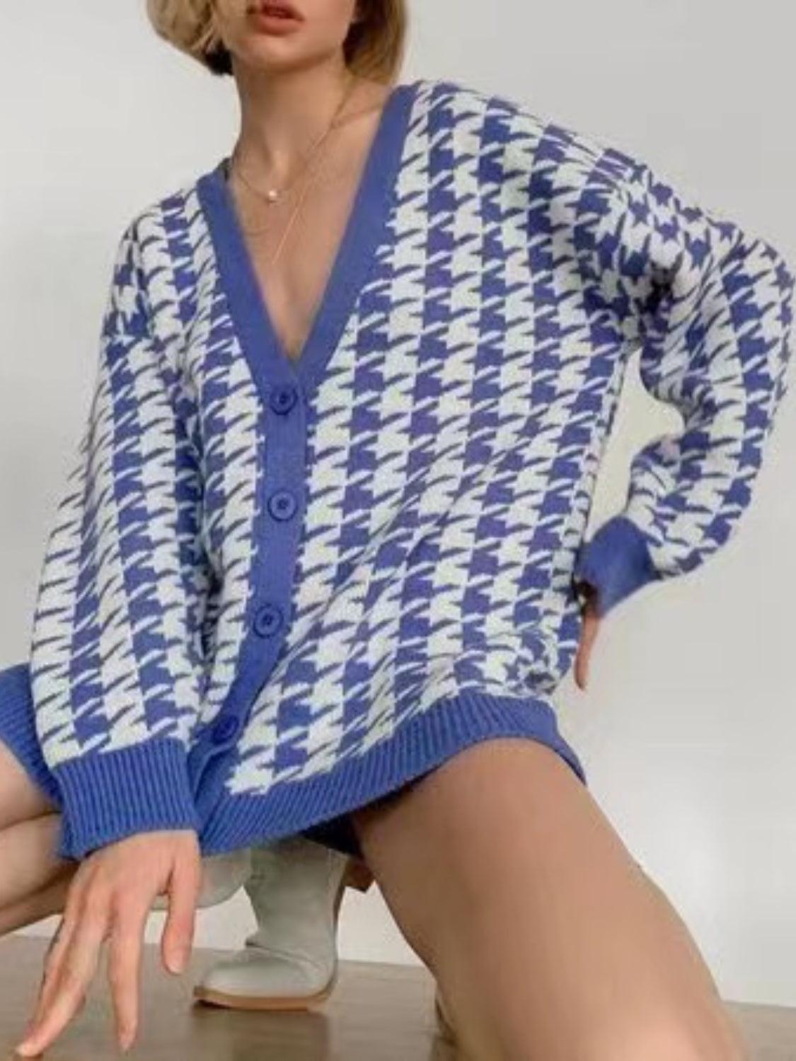 Houndstooth Button Up Long Sleeve Cardigan Carauana Store