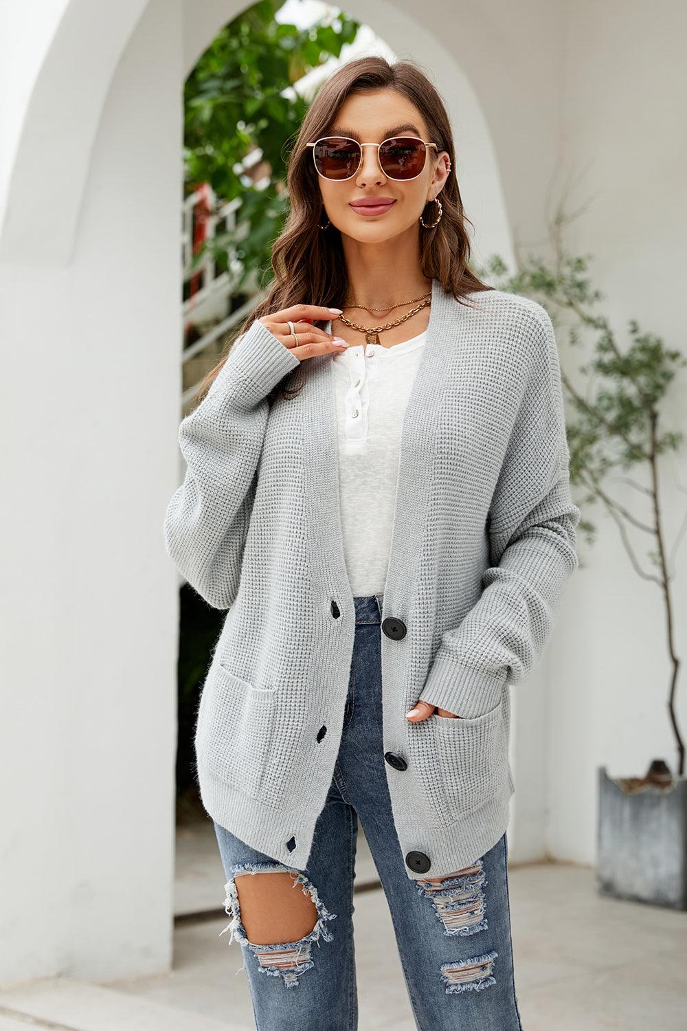 Button Up Drop Shoulder Long Sleeve Cardigan Carauana Store