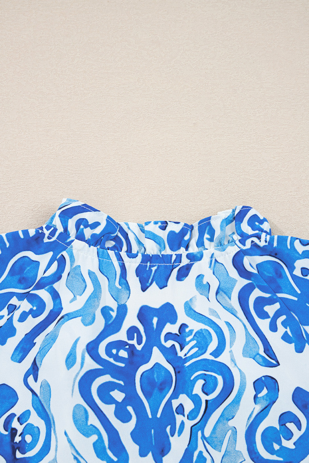 Sky Blue Ethnic Printed Tie Split Neck Button Front Puff Sleeve Shirt