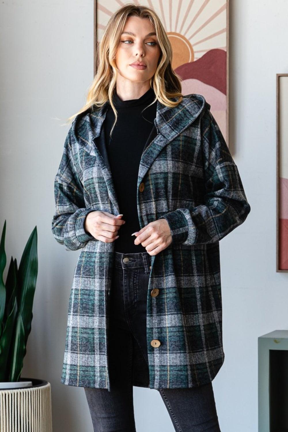 Heimish Plaid Button Down Long Sleeve Hooded Cardigan Carauana Store