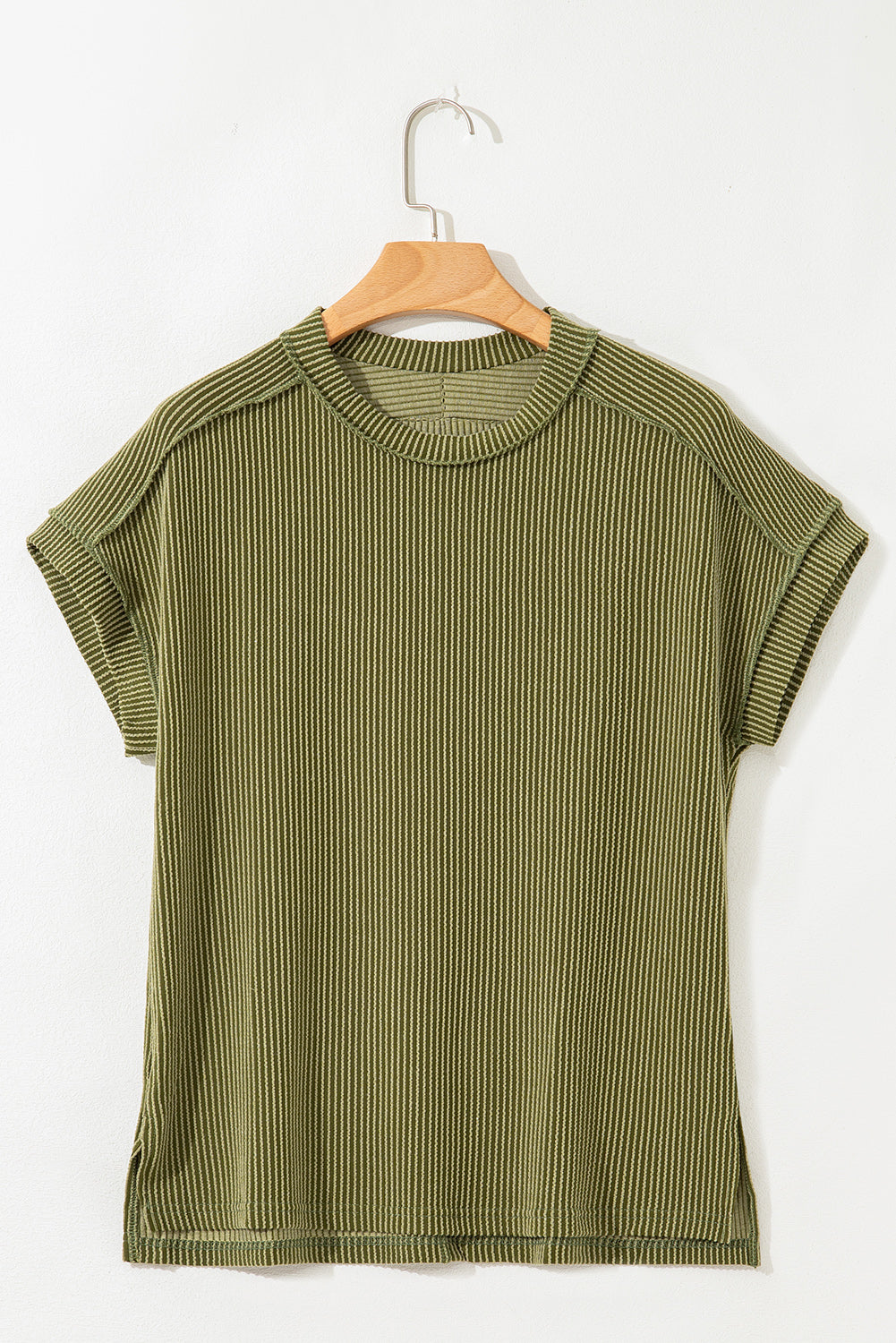 Jungle Green Textured Knit Exposed Stitching T-shirt