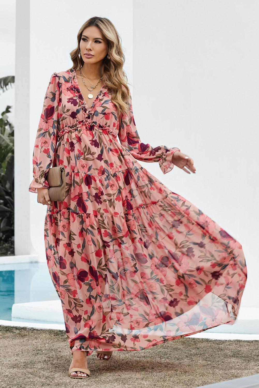 Floral Frill Trim Flounce Sleeve Plunge Maxi Dress Carauana Store